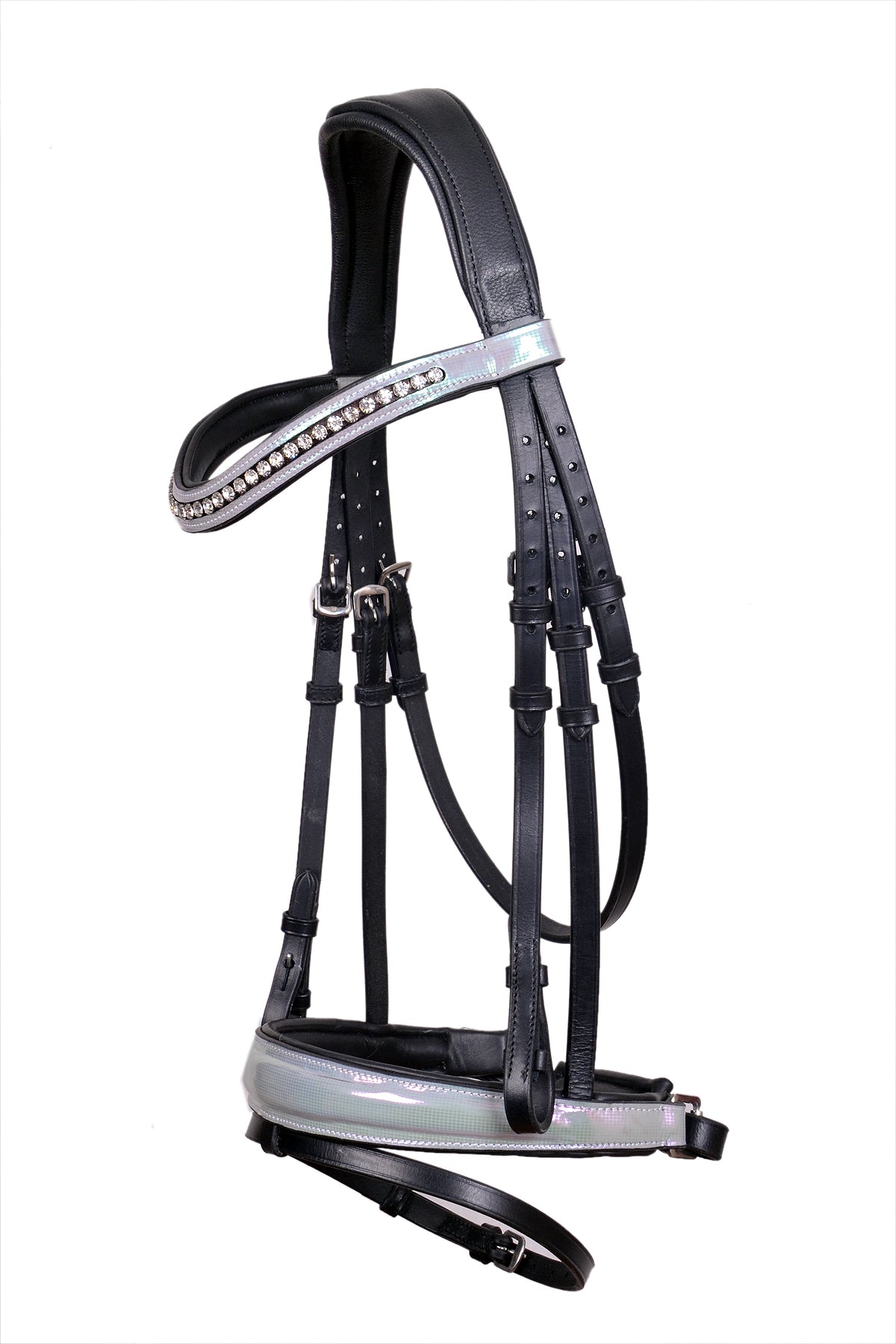 Saddlery Goods English Leather Bridle with Paten Noseband and Browband With White Crystal with Reins