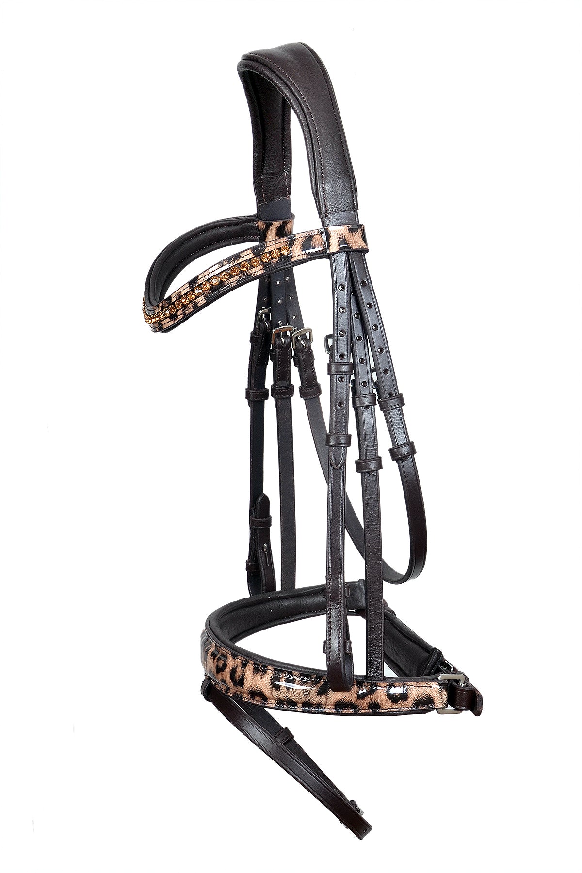 Saddlery Goods Horse English Bridle With Brown Leopard Print Noseband With Reins