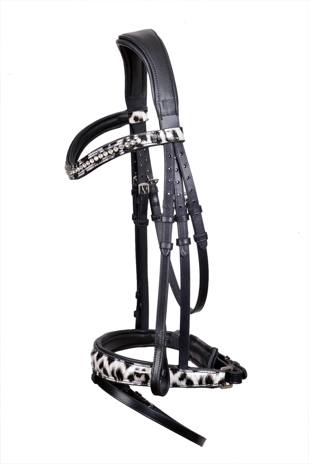 Saddlery Goods Horse Luxury English Leather Bridle With Black Leopard Print Noseband With Reins