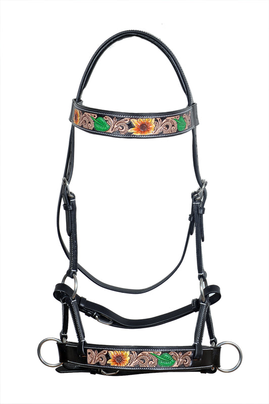 Saddlery Goods Horse Western Horse Leather Antique Floral Tooled Bitless Sidepull Bridle With Reins