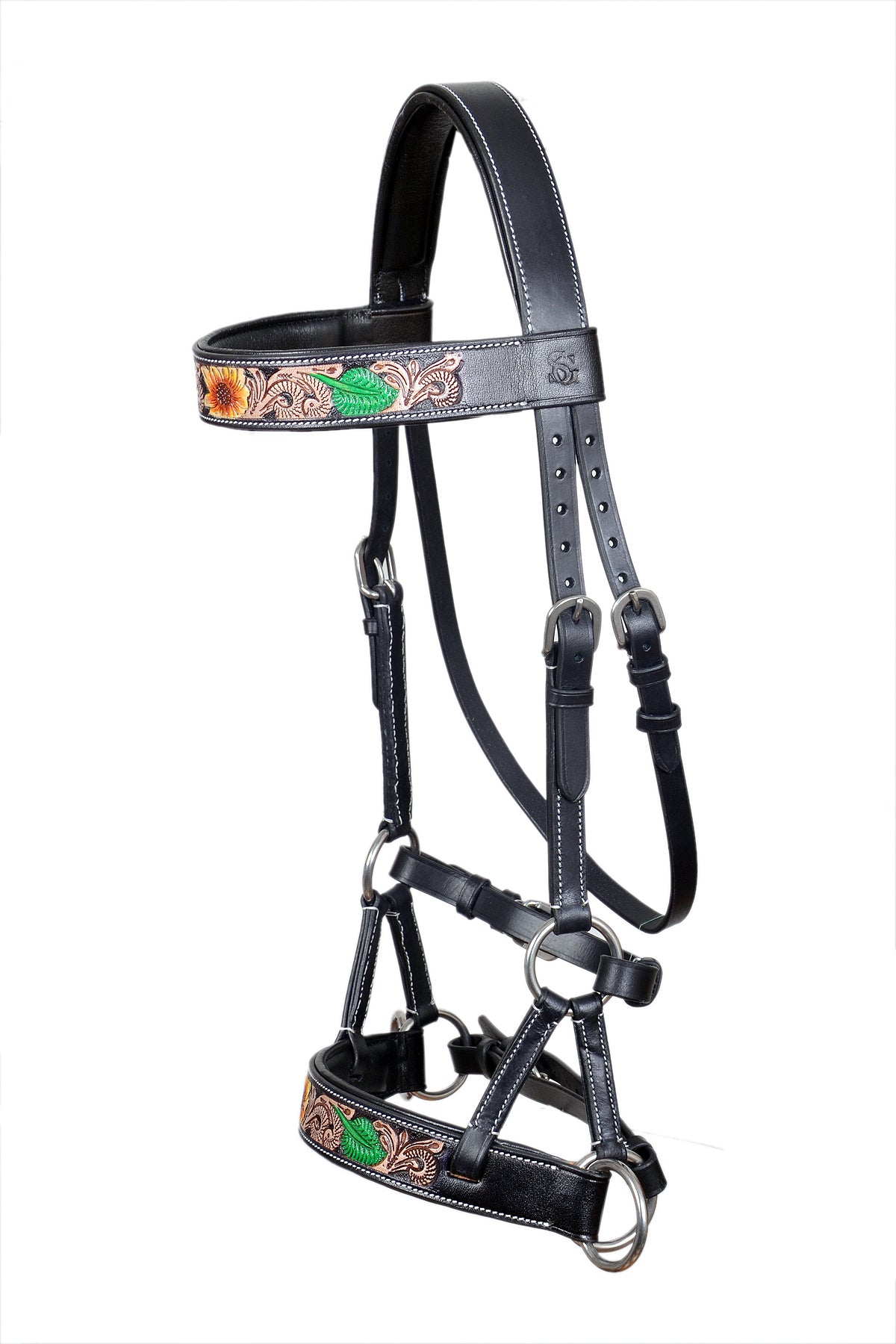 Saddlery Goods Horse Western Horse Leather Antique Floral Tooled Bitless Sidepull Bridle With Reins